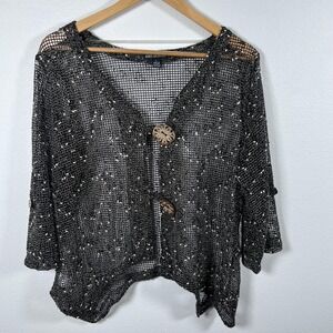 Nina Leonard Mesh Button Top Womens  Sz L Black Fairy Goth Boho Lagenlook Artsy
